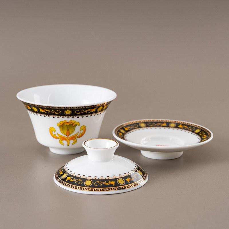 Chinese Style Ceramic Tea Set: White Porcelain Cup with Blue and White Ruyi Covered Bowl for Living Room