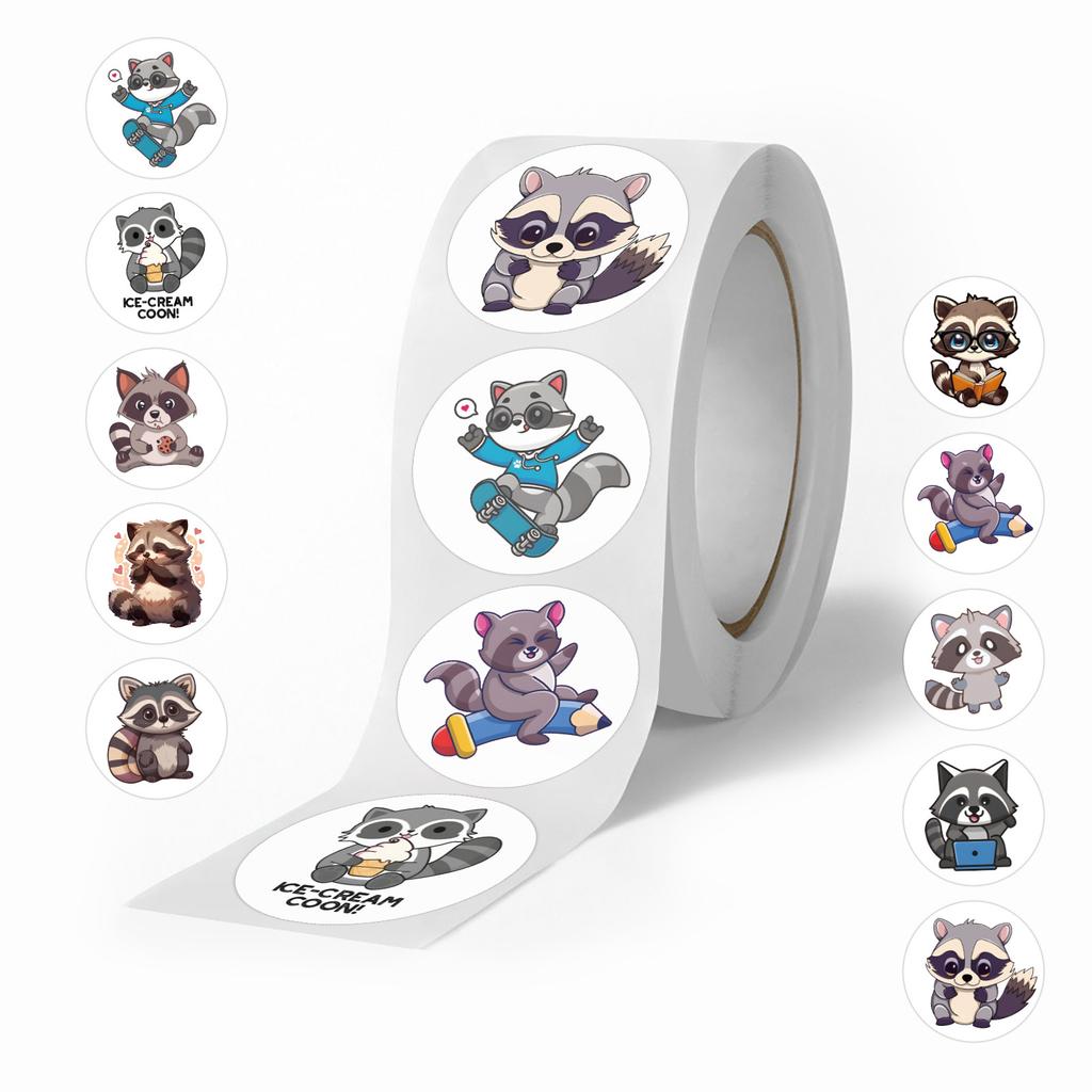 500 Stickers/roll Cartoon Raccoon Ins Cute Hand Tent Tape Decorative Suitcase Notebook Roll Tape