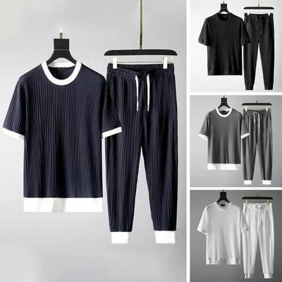 Moda Uomo Outfit Classico Top Estivo Pantaloni Tinta Unita Tasca Elasticizzato Traspirante Girocollo Plissettato Camicia+Pantaloni per Ufficio