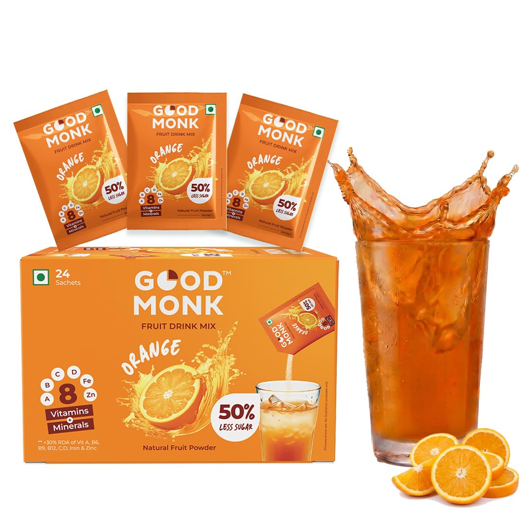 Good Monk Fruit Drink Mix (Natural Orange Powder), 50% Less Sugar with 8 Vitamins & Minerals (Vitamin B12, C, D, Iron & more) | Tasty, Healthy & Ta