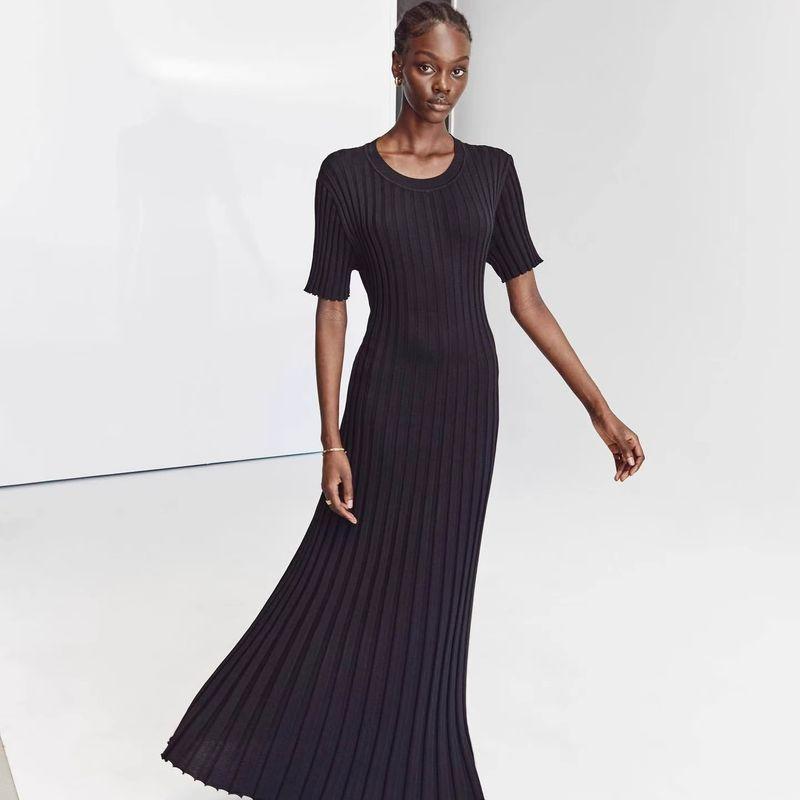 

Western Style Casual round Neck Big Pit Strip Knitted dress Knited Large Pit Stripe Dress Black M