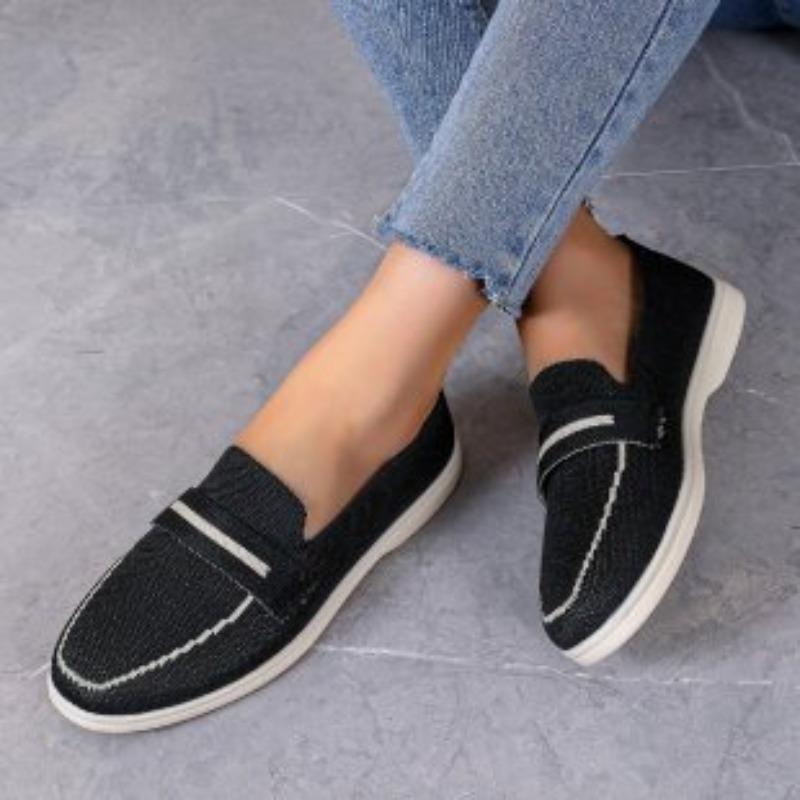 Women's Flat Round-Toe Breathable Knit Slip-On Loafers, Casual Comfort Footwear, Available In Large Sizes.