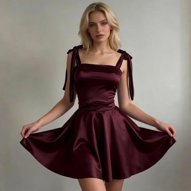 Elegancka Letnia Sukienka na Imprezę z Ramiączkami Spaghetti Fason A-line Seksowna Damska Bez Pleców Modna Mini Sukienka Wieczorowa na Bal Nowa Sznurowana z Wstążką Smukła Odzież