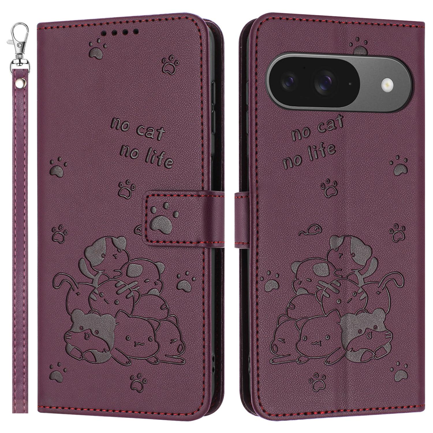 

For Google Pixel 10 Pro/10/9 Pro/9 Case with Strap Cats Imprint Leather Wallet Phone Cover D