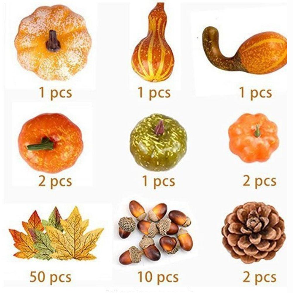 Autumn Pumpkin Decor Set: Realistic Mini Pumpkins, Pinecone & Maple Leaves