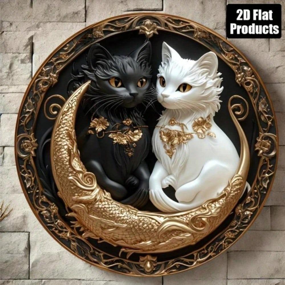 Circular Black & White Cat Wall Art Plaque – Decor for Bars, Kitchens, Cafés, Bedrooms, Living Rooms & Offices