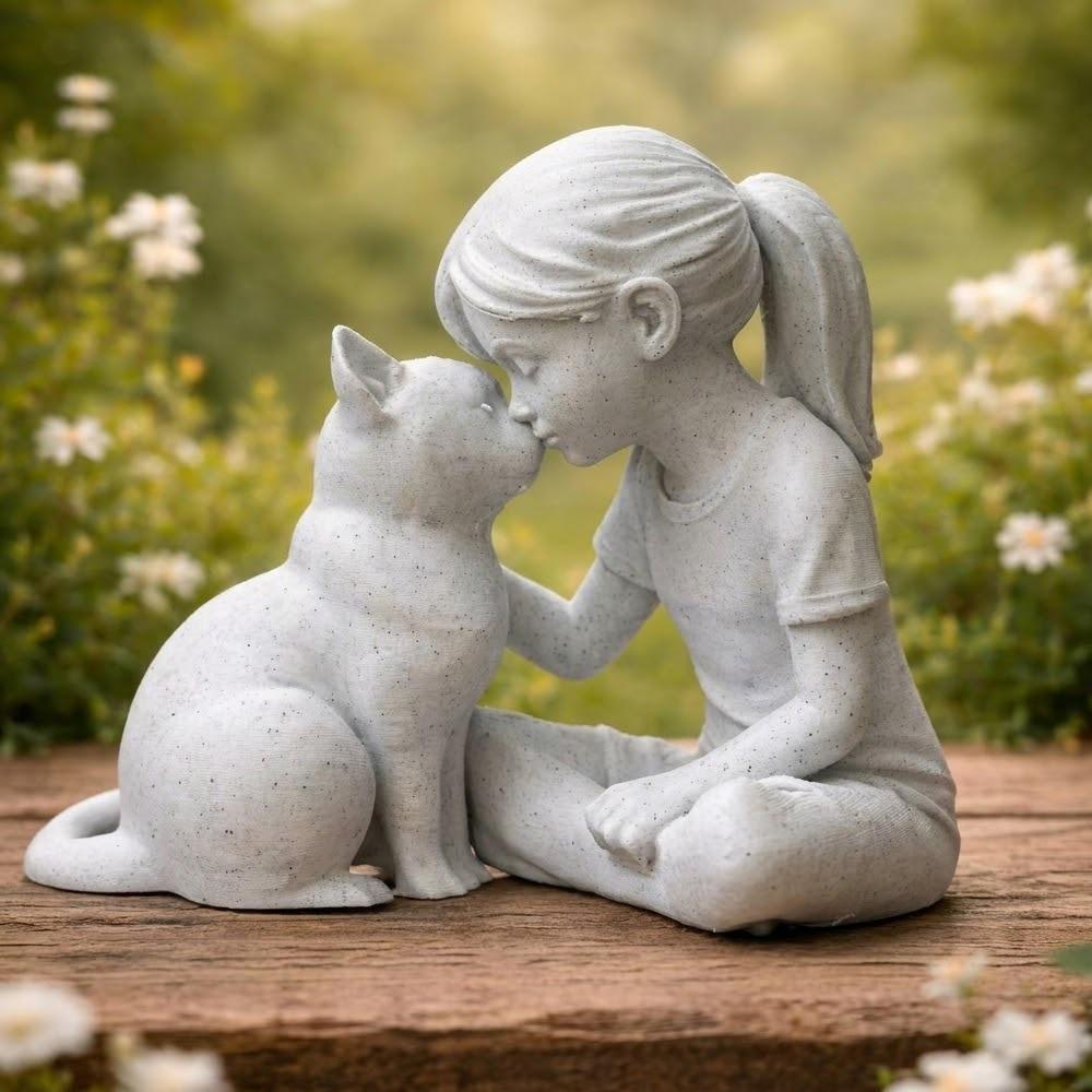 3D Printed Girl and Cat Sculpture Plastic Desktop Cat Figurine Girl Cat Ornaments  Study/Bookshelf