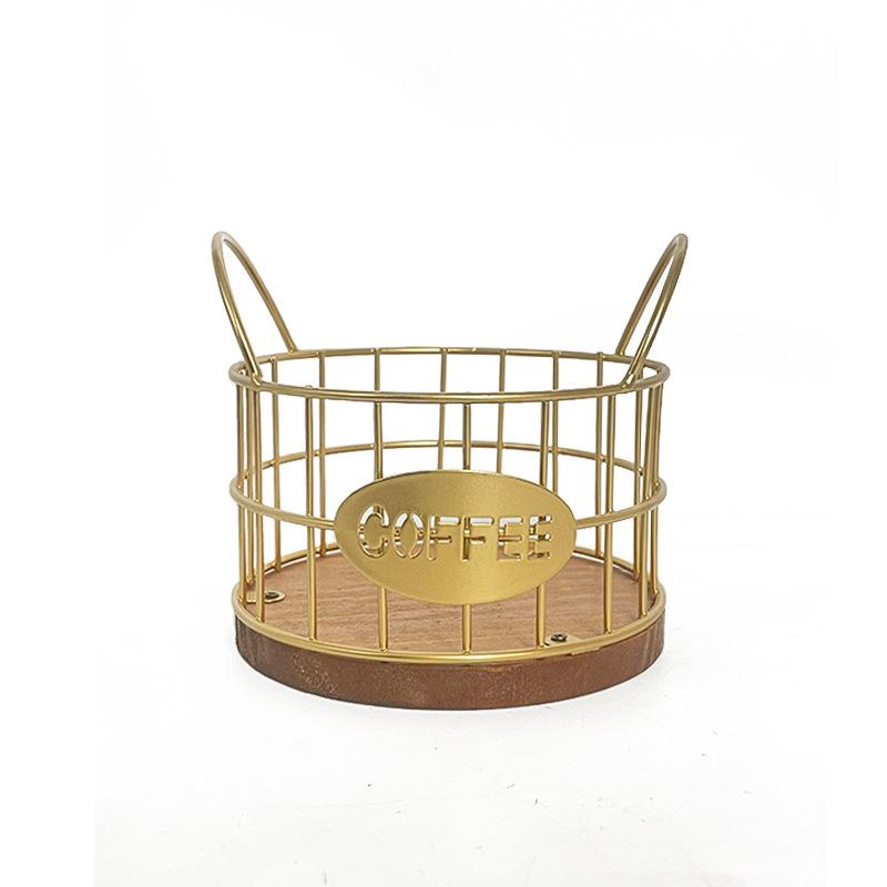 Coffee Pod Basket Round Iron Wire Storage Basket Large Capacity Coffee Capsule Holder with Wooden Base for Home Office