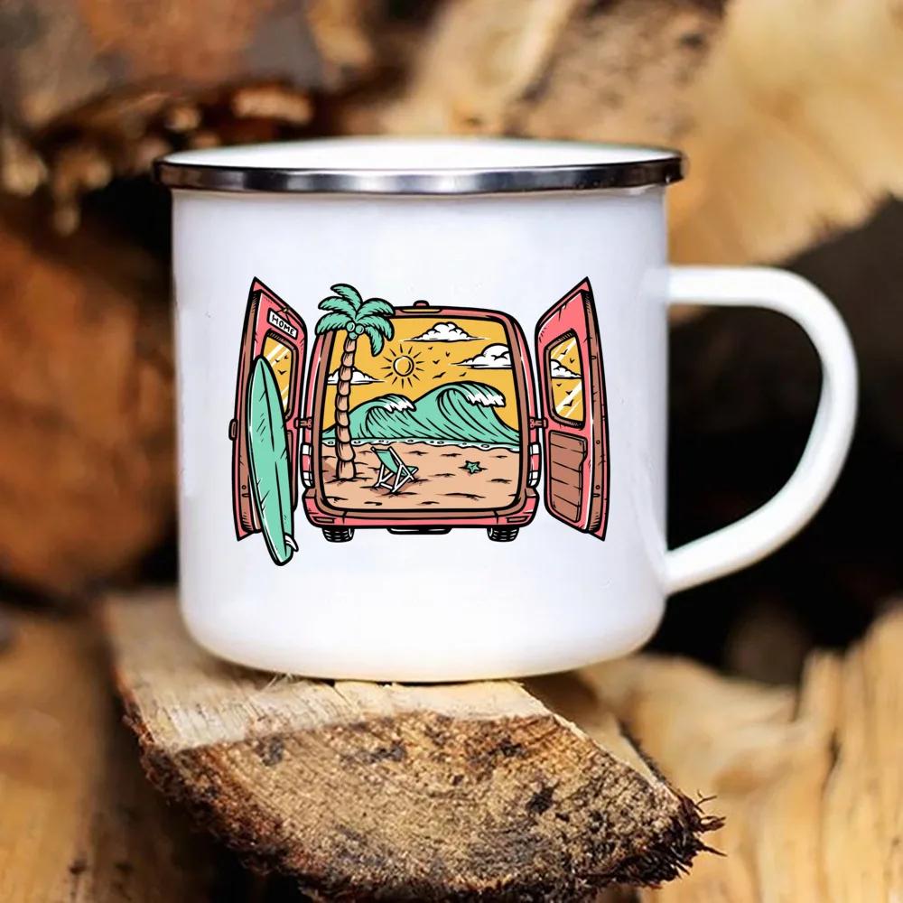 Touring Enamel Mug Caravan Printed Camper Mugs Camping Enamel Mug Adventure Campfire Party Beer Juice Cup Gifts for Camper