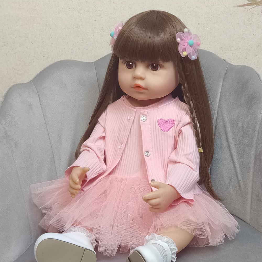 55 cm naturtro gjenfødt baby jente dukke 22 tommer myk silikon langt brunt hår Realistisk prinsesse småbarn Bebe bursdagsgave