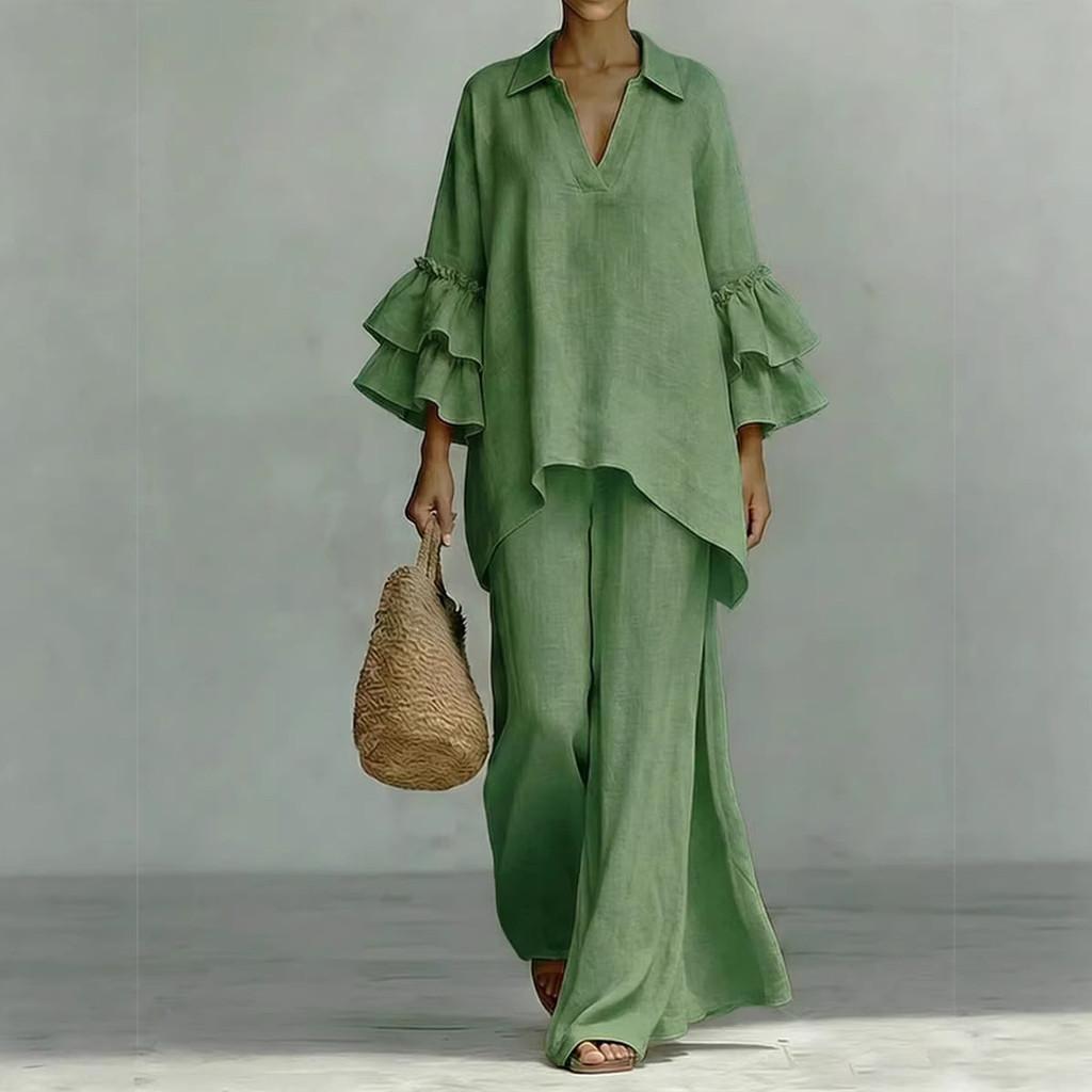 Bohemian Style Casual Twopiece Pants Suit With Spliced Cotton Linen For Women Summer Comfort