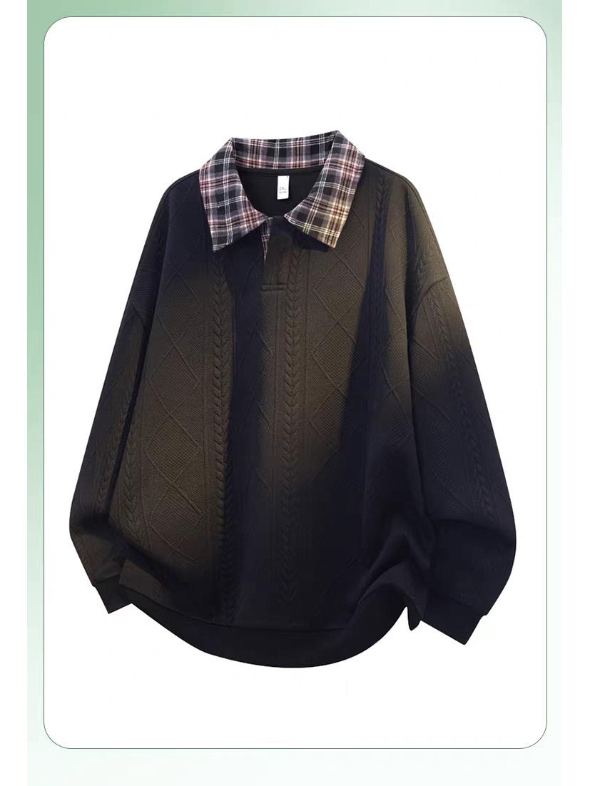 Men s Textured Plaid Patchwork Polo Collar Hoodie - Autumn/Winter Loose Casual Top. 3XL