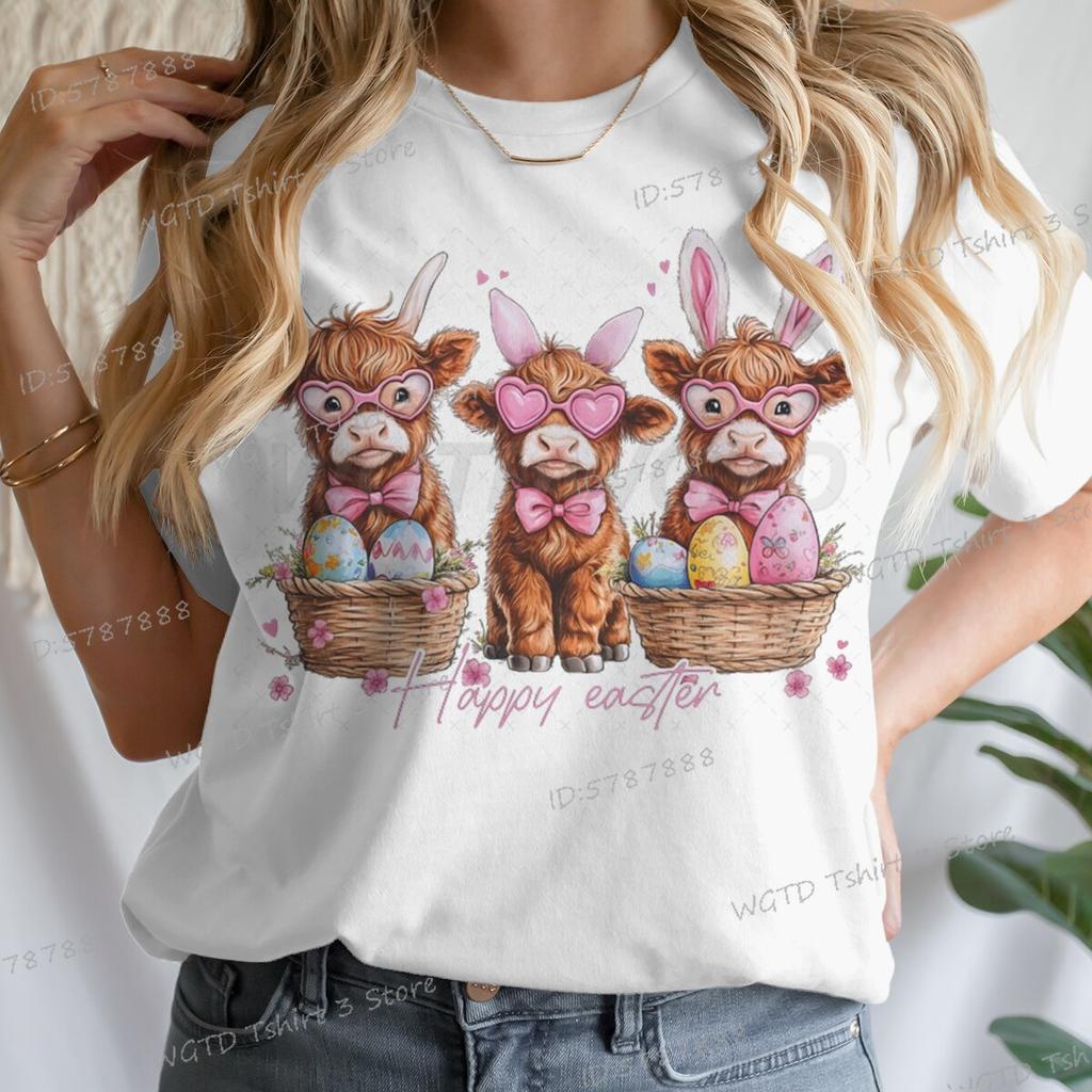 Happy Easter Day T-shirt Female Easter Cute Highland Cow Graphic T Shirts Women Cute Cow Gift for Women Retro Easter Vibes Shirt