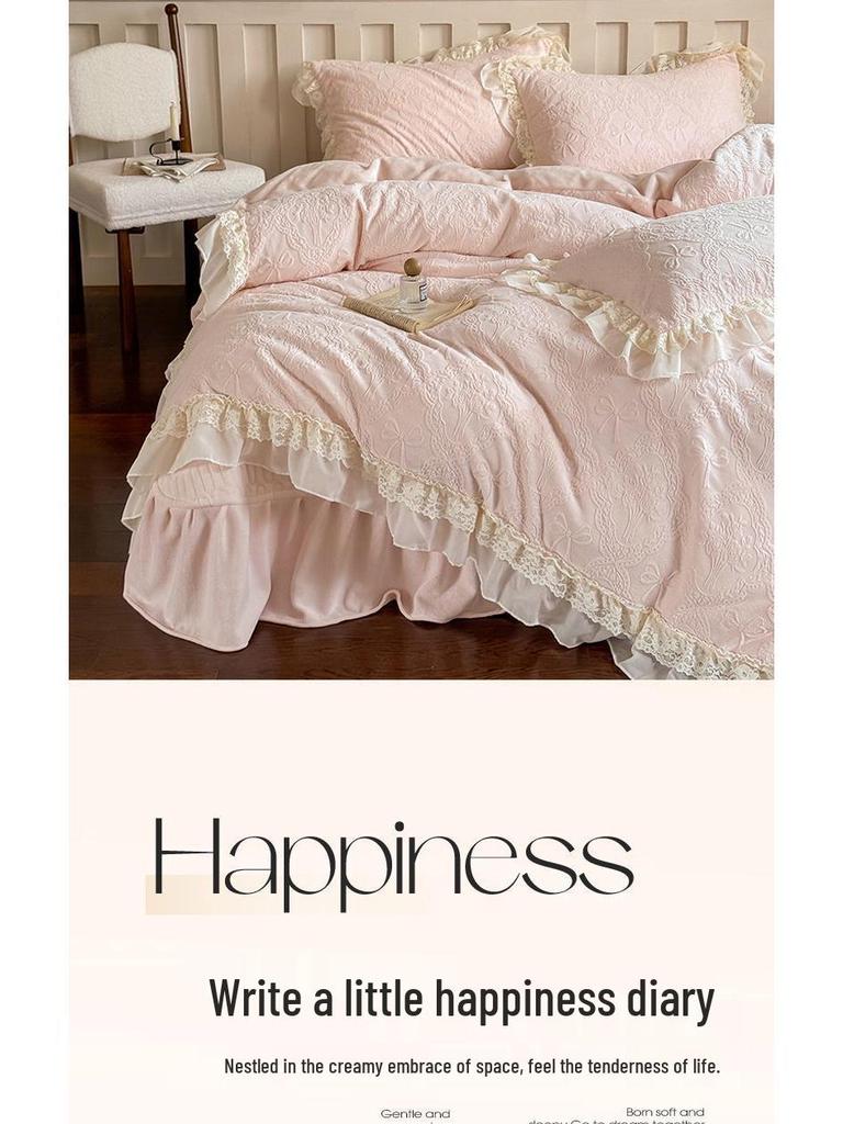 G5Z Princess Milk Velvet 4-Piece Set: Extra Thick French Lace Bedspread & Fitted Sheet