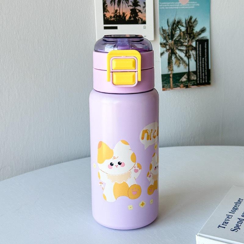 Water bottle new cute fun cartoon stainless steel thermos cup bouncing cover straw cup outdoor children's cup