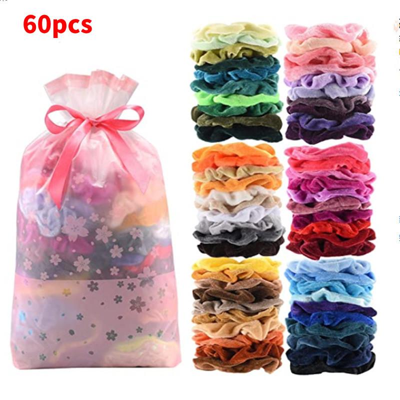 60pcs Premium Velvet Hair Scrunchy Hair Band Women Girls Hair Accessory Bag Gift