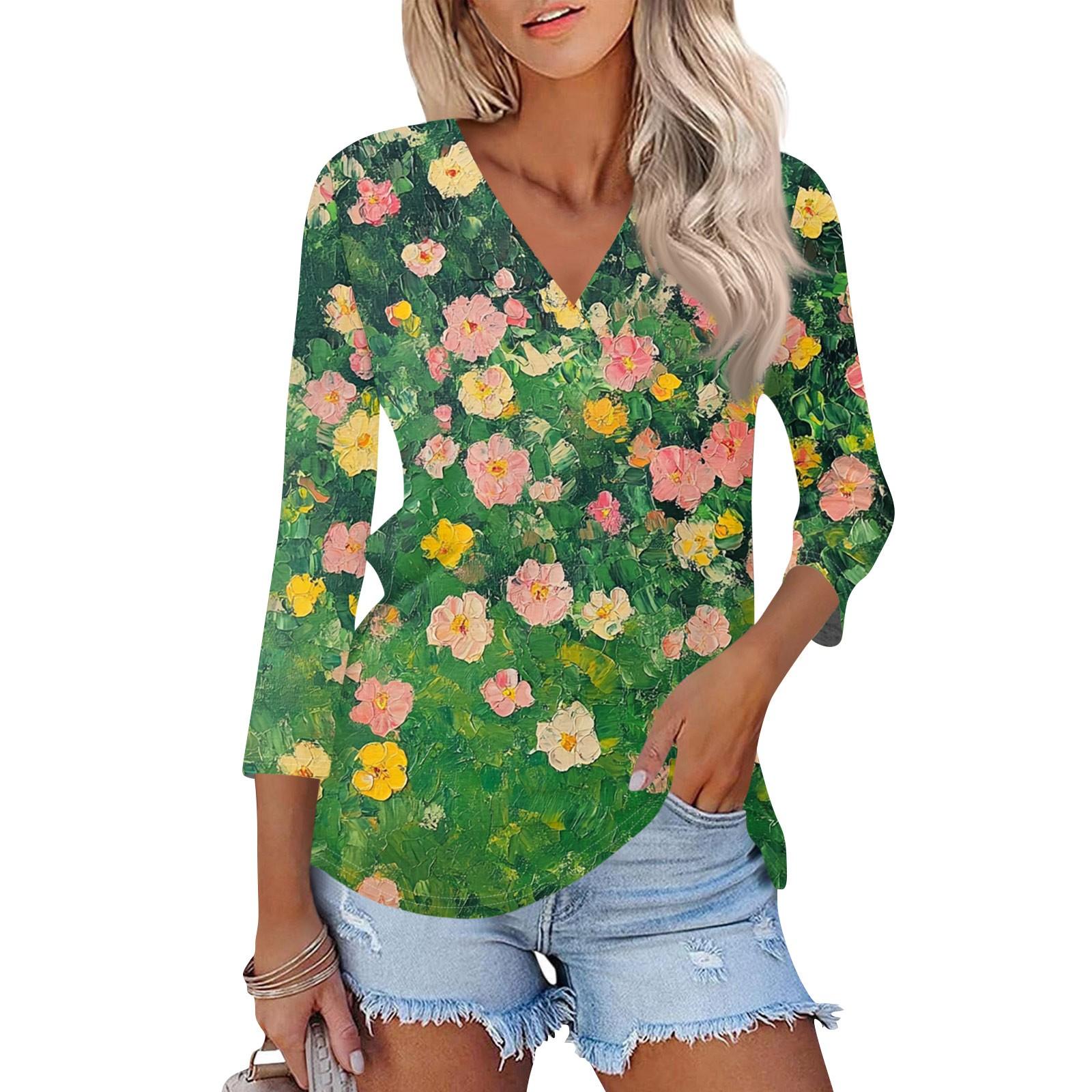 

Женские топы с рукавами 3/4 и V-образным вырезом, повседневные туники, базовые рубашки, блузки свободного кроя S зелёный