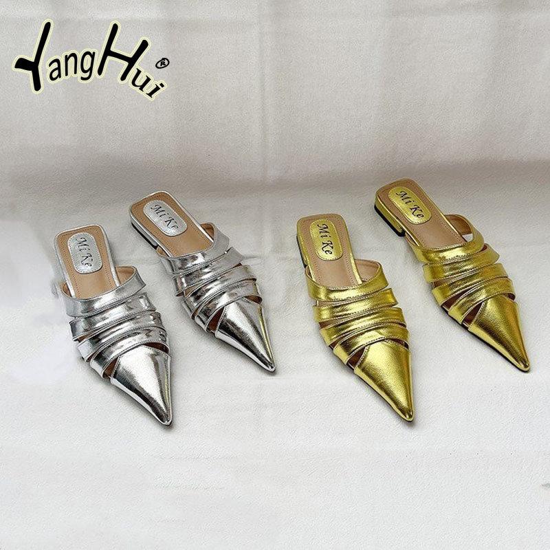 Modern Slippers Pointed Toe Pu Flat Bottom Anti-slip Sheos for Women 2024 Fashion Hollow Out Solid Color Silver Sandals Summer