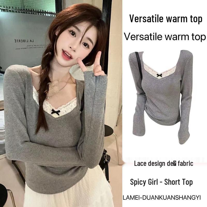 Spring & Autumn Lace Stitching Brushed Long Sleeve Top - Slim Fit, Warm & Stylish for Women