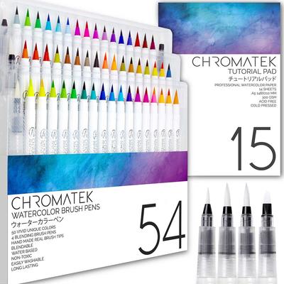 Chromatek 54 Aquarellstifte und 15-Seiten-Block Real Brush 4 Pinsel für einfaches und leuchtendes Zeichnen 50 einzigartige professionelle Kunststifte. Mischen. Mischung. farbig.