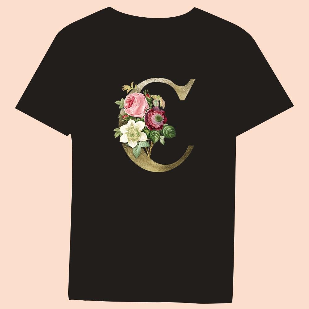 Gold Flower Letter 3D Printing Series Women's Black T-shirt Casual Large Top