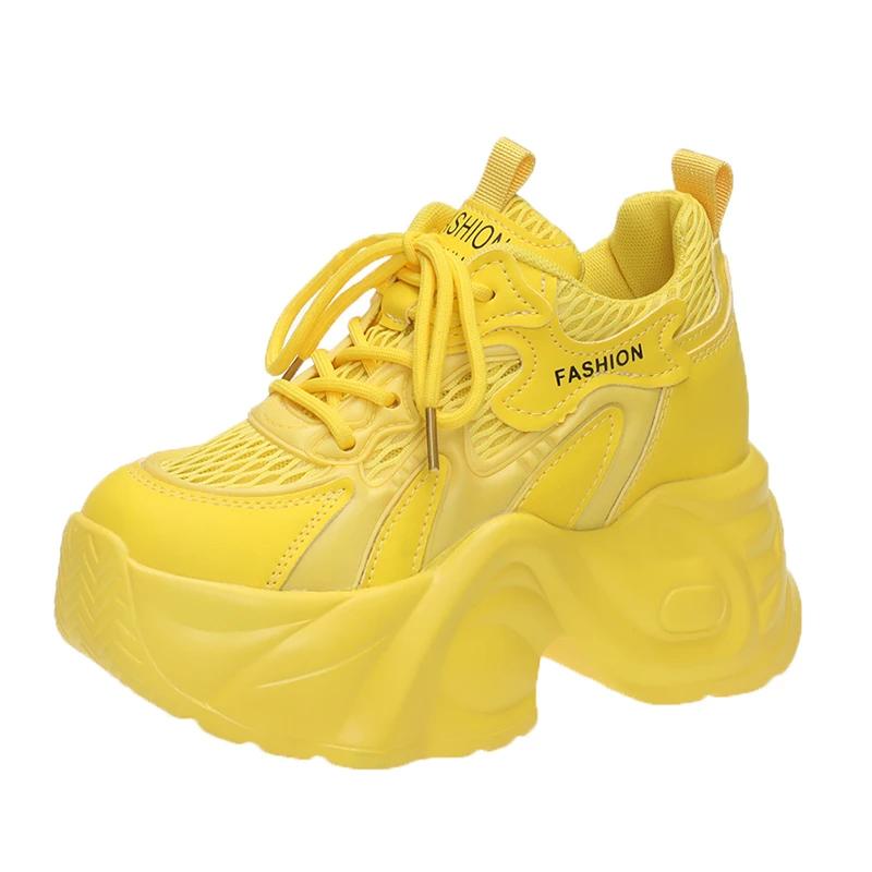 8.5CM Women Summer Hollow Breathable Mesh Chunky Sneakers Microfiber Leather Comfy Casual Dad Shoes Female Platform Sports Shoes
