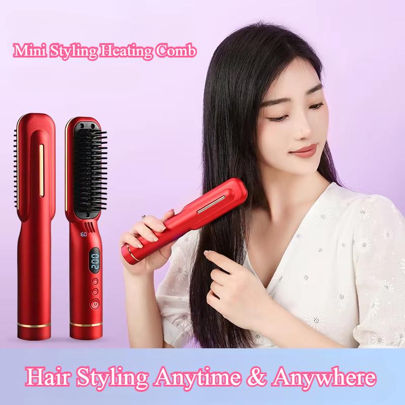 Wireless Hair Styler Negative Ion Hair Straightener Comb & Curling Comb Damage-Free Voluminous LED Screen Rechargeable Hot Comb