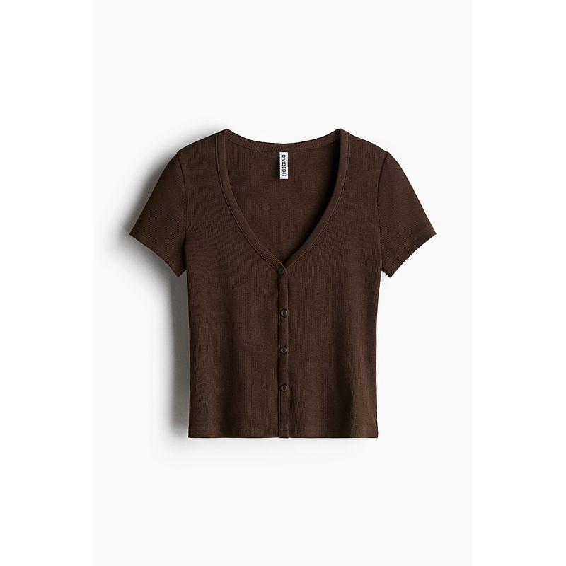 

HM 2025 Summer New Women clothes Fitted Rib Cotton Knitted T-shirt 1276117 Dark brown 150/76(XXS)