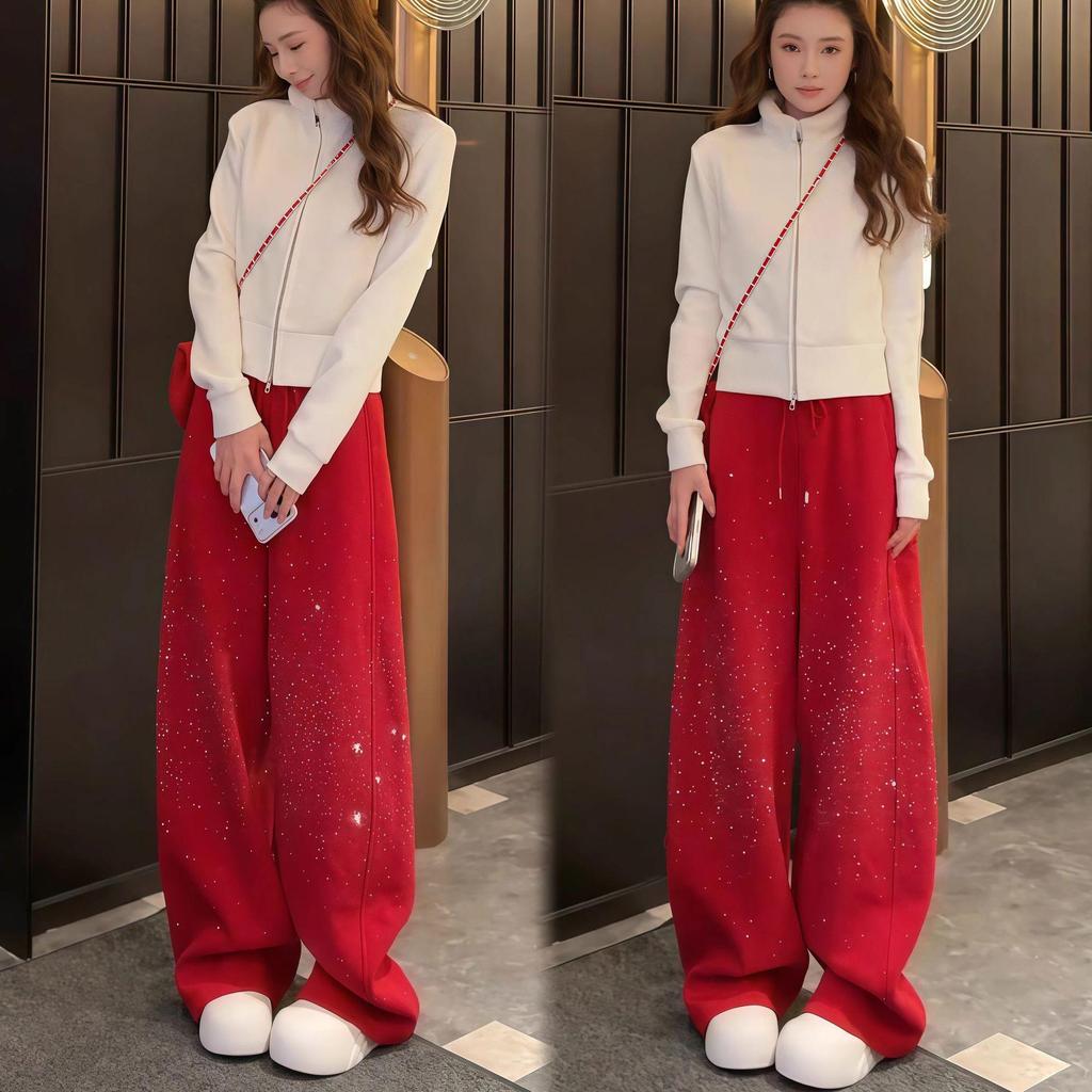 2026 Spring Red Rhinestone Baby's Breath Slimming Plus Velvet Wide Leg Cropped Pants