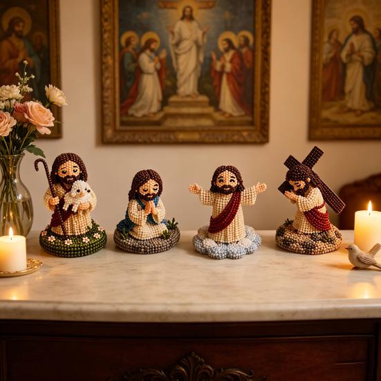 DIY Christian Beading Kit, Cute 4-Pack Tiny Beaded Jesus/Mary DIY Kit, Handmade Mini Faith Beads Craft with Instruction for Beginners, Craft