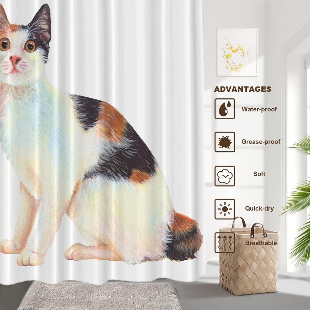 Beige White Animal Cat Decor Shower Curtain, Polyester Shower Curtain For Shower Stall Bathroom Waterproof With 10 Hooks