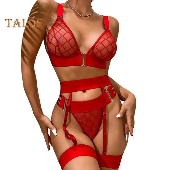 3 Pcs/Set Bra Briefs Set with Garter Fishnet Lace Multi Straps Hollow Out Thin High Waist Wedding Night Honeymoon Valentines Day Underwear Set