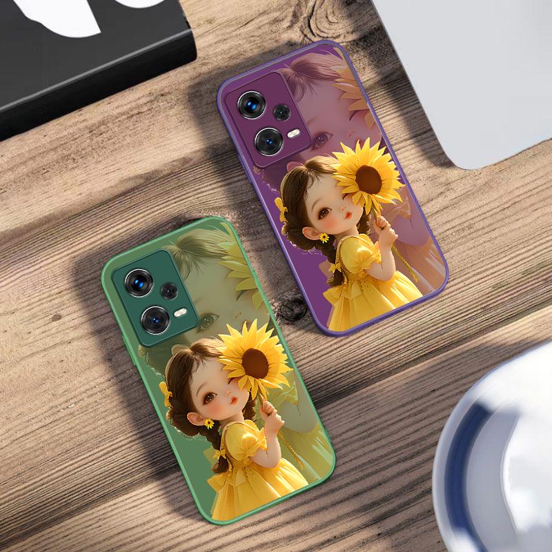 Sunflower Girl Pink For Xiaomi 14 Ultra 13 Lite Redmi Note 13 11 Pro 12 Plus Poco X6 3 Pro F4 6 GT Tempered Glass Phone Case