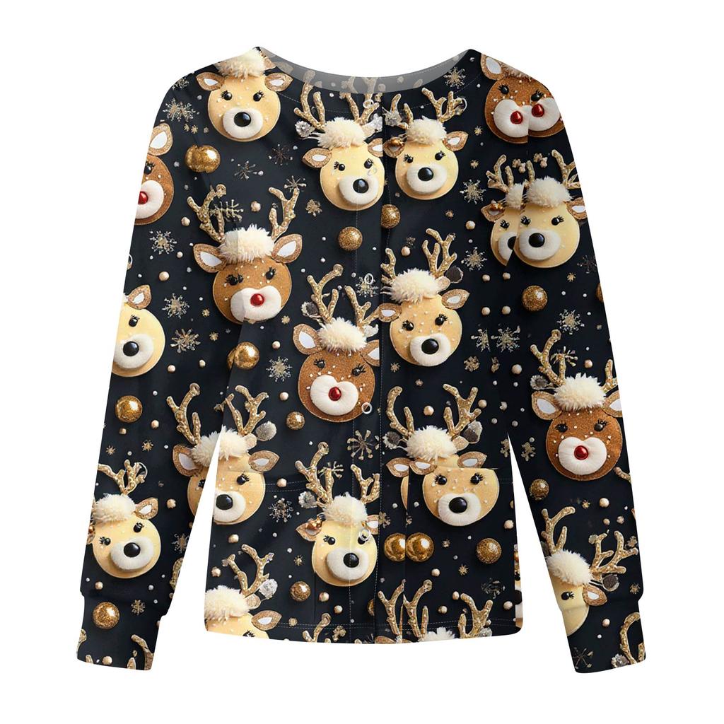 Damska codzienna modna kurtka z długim rękawem zapinana na jeden guzik z nadrukiem świątecznym