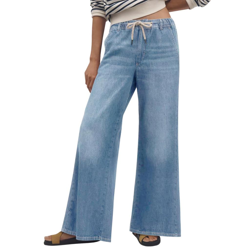 Womens Wide Leg Flare Jeans Casual Drawstring High Waist Vintage Denim Pants With Pockets