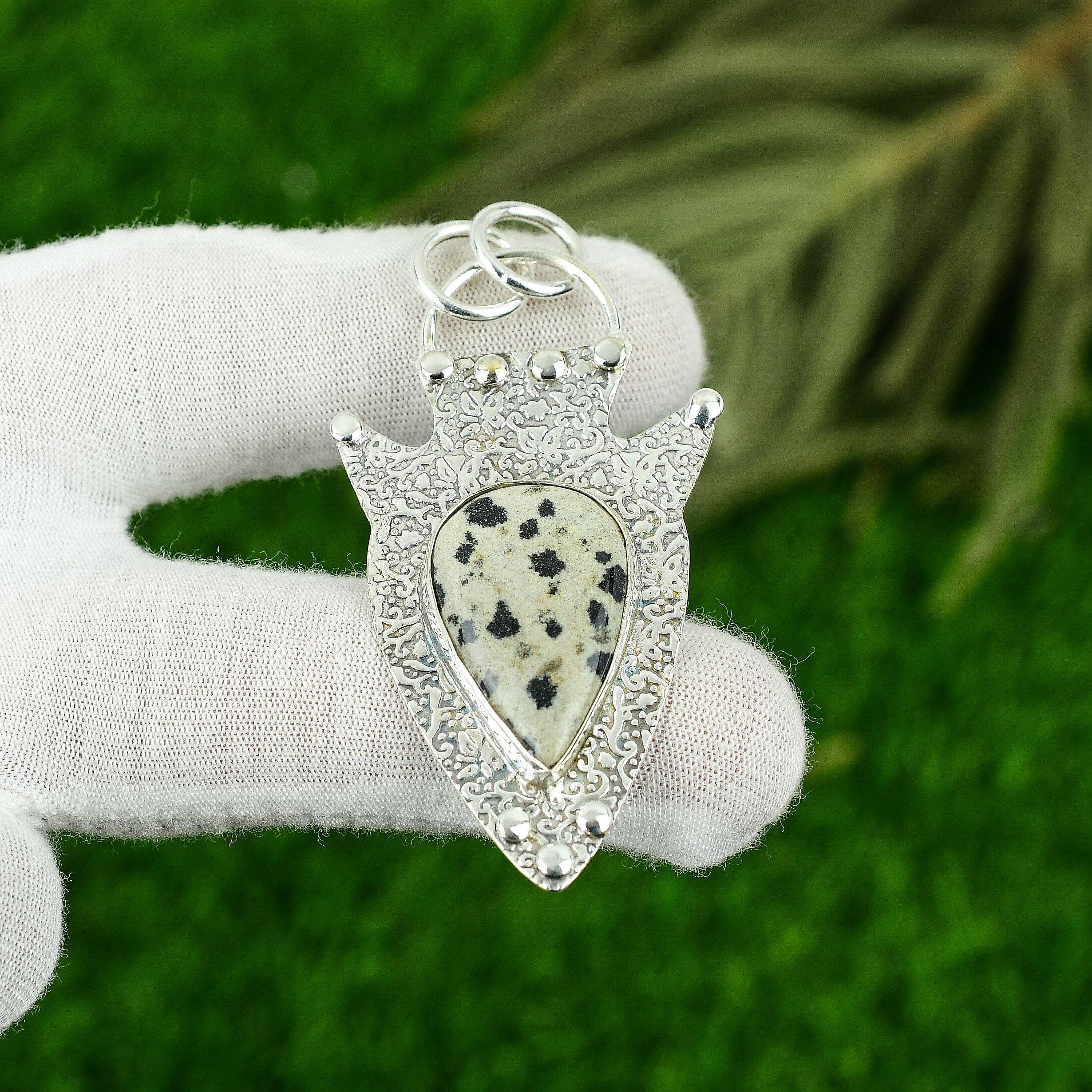 

925 Sterling Silver Dalmatian Jasper Stone Wife Birthday Boho Pendant Jewelry