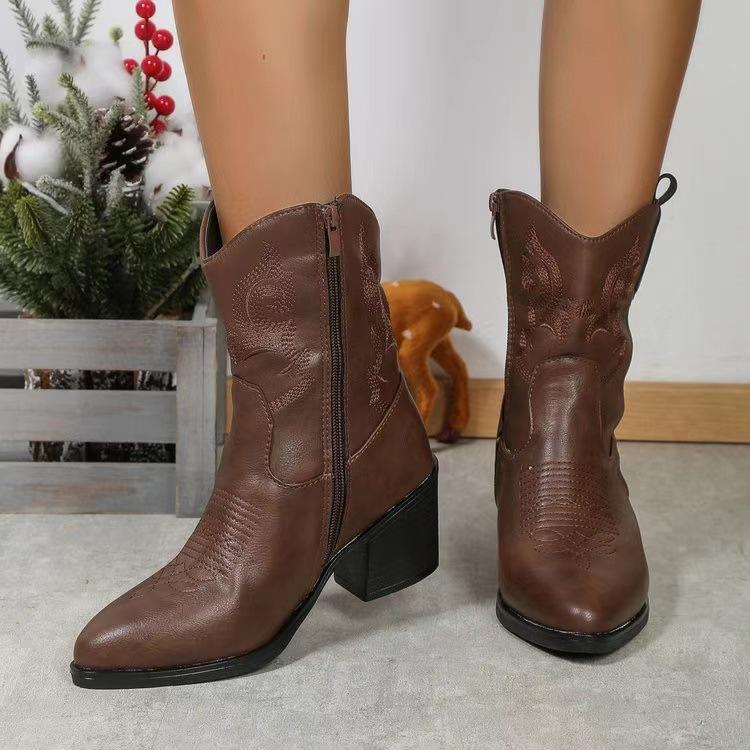

Женские кожаные сапоги большого размера с острым носком на толстом каблуке - осень/зима 2024 г., мягкая подошва, легкие и удобные 40 темно-коричневого