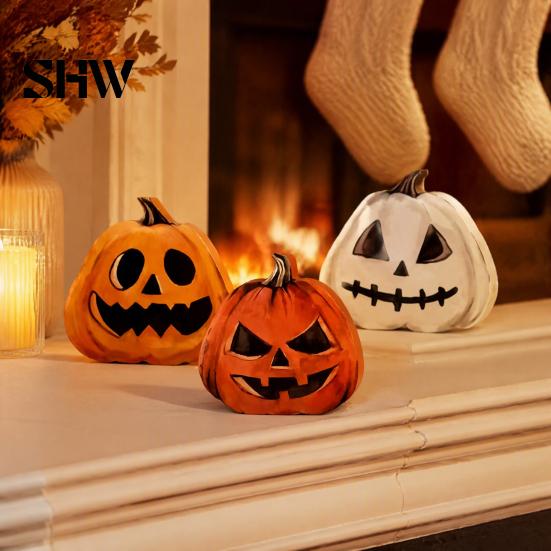 Festive Seasonal Props 3Pcs Halloween Pumpkin Tabletop Decor, Rustic Face Wooden Block Handmade Art Ornaments, Farmhouse Desktop Craft for Home Party