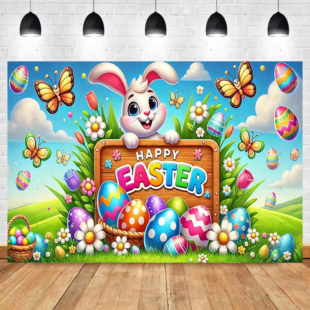 Spring Vibrant Rabbit Backdrop Supplies Happy Easter Theme Background Banner Bunny Easter Eggs Party Decoration Photography Prop