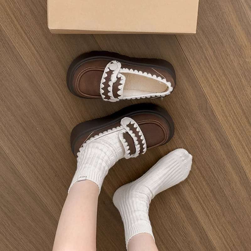 Height-increasing platform British style small leather shoes women's 2025 new autumn and winter versatile retro velvet one-pedal loafers cotton shoes