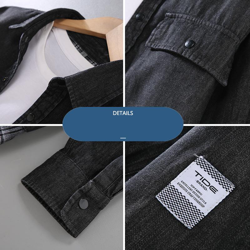 Frühlings-/Herbst-Freizeit-Denimhemden aus reiner Baumwolle für Herren Streetwear Zwei gefälschte Teile Karopatchwork Lockere Hemden Gewaschenes schwarzes Jeanshemd