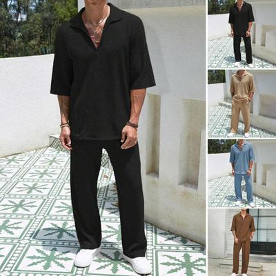 2Pcs/Set Men Casual Outfit V-Neck Lapel Short Sleeve Tops Wide Leg Pockets Long Trousers Set Solid Color Leisure Outfit