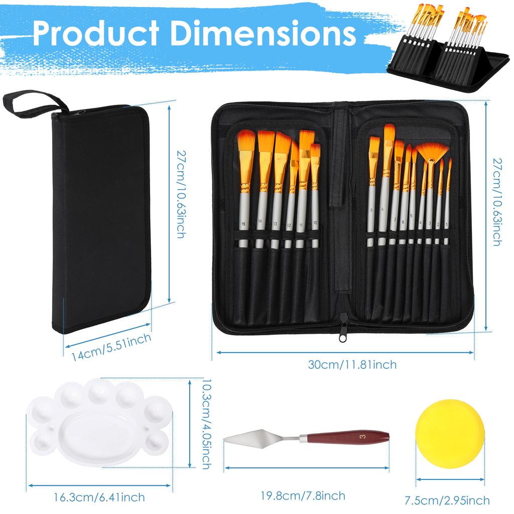 15Pcs Paint Brush Set Protable Nylon Hair Acrylic Painting Brush Kit with Storage Standable Case Palette Sponge Palette Knife