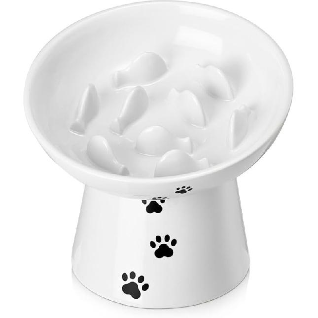 Y YHY Slow Feeder Cat Bowl, Ceramic Cat Slow Feeder Bowl, 6 Inches, Elevated, Anti Vomiting for Dry and Wet Food, White