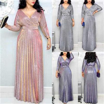Farvel Kvinner Sexy Kveldsfest Plissert Dyp V-hals Lang kjole Høyt midjebelte Glitter Bling Bling Kjole