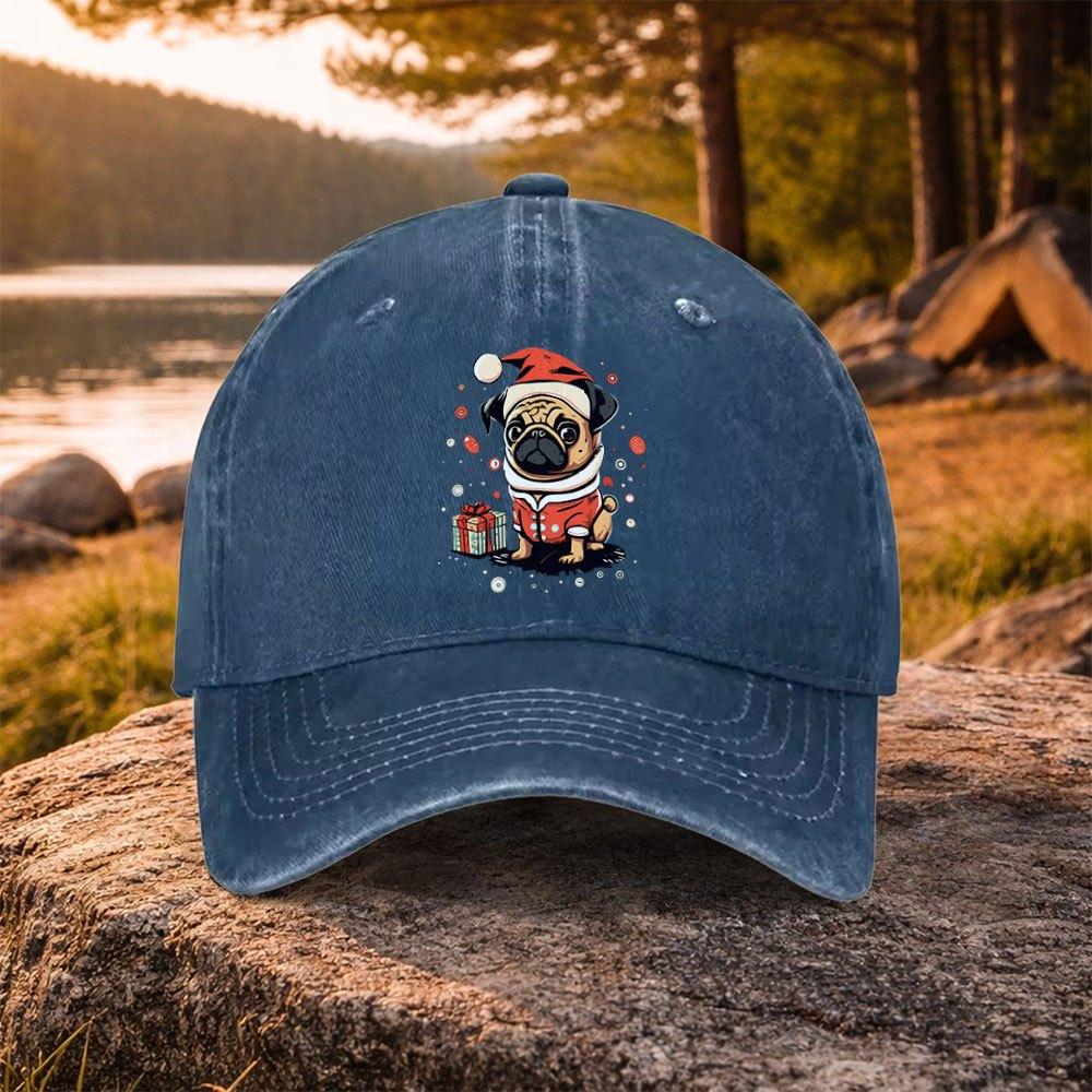 Pug Print Washed Baseball Cap for Unisex Women Casual Christmas Golf Hat Outdoor Daily Commute Unisex Cap