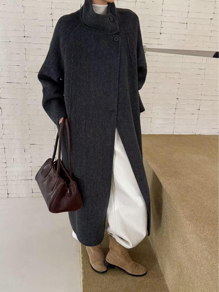 Dwustronny wełniany płaszcz damski w stylu Hepburn z kołnierzem stójką, jesień/zima, długi, z mieszanki wełny, ze sznurowaniem.
