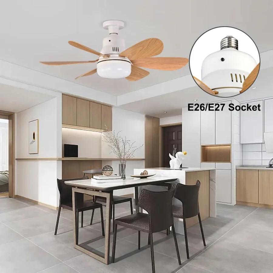 Socket Wood Grain Fan Light with Remote Control,Suitable for Living Room, Study, Household Use Ceiling Fan Light 6 Blades