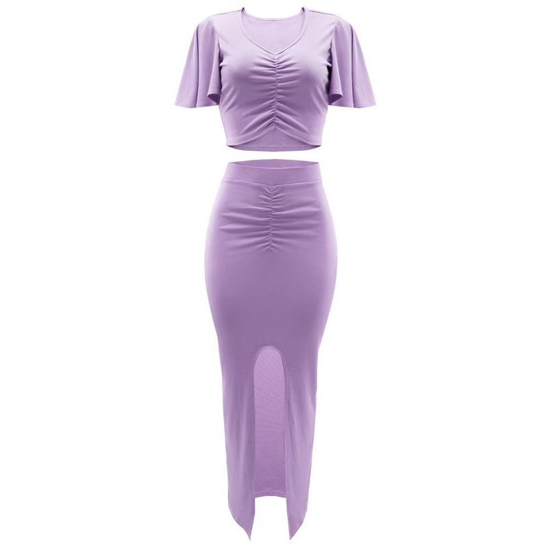 Western Style New Lotus Leaf Sleeve Navel V-neck Top Split Hip Skirt Two-piece Set Top and Skirt Set