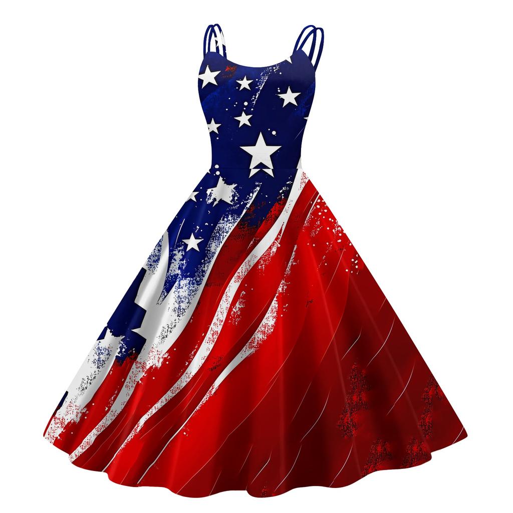 Sleeveless Casual A Line Midi Dress with Star and Stripe Print Scoop Neck Lightweight Summer Sundress for Women